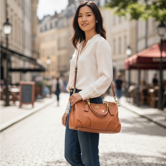 Coach Handbags - Coach Carrie Satchel in Cognac Leather with Gold Brass Accents